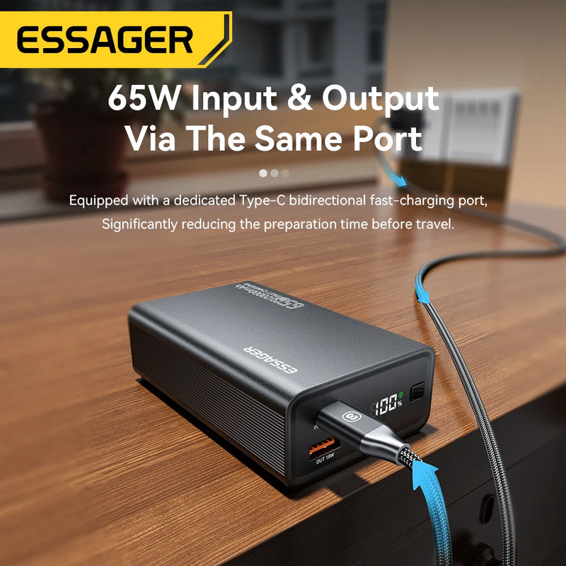 Essager Power Bank 20000mAh - Banco de Energia Portátil PD 65W Carregamento Rápido para Celular, Laptop, Tablet e Mac