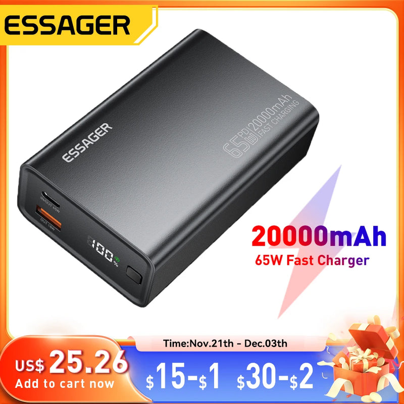 Essager Power Bank 20000mAh - Banco de Energia Portátil PD 65W Carregamento Rápido para Celular, Laptop, Tablet e Mac