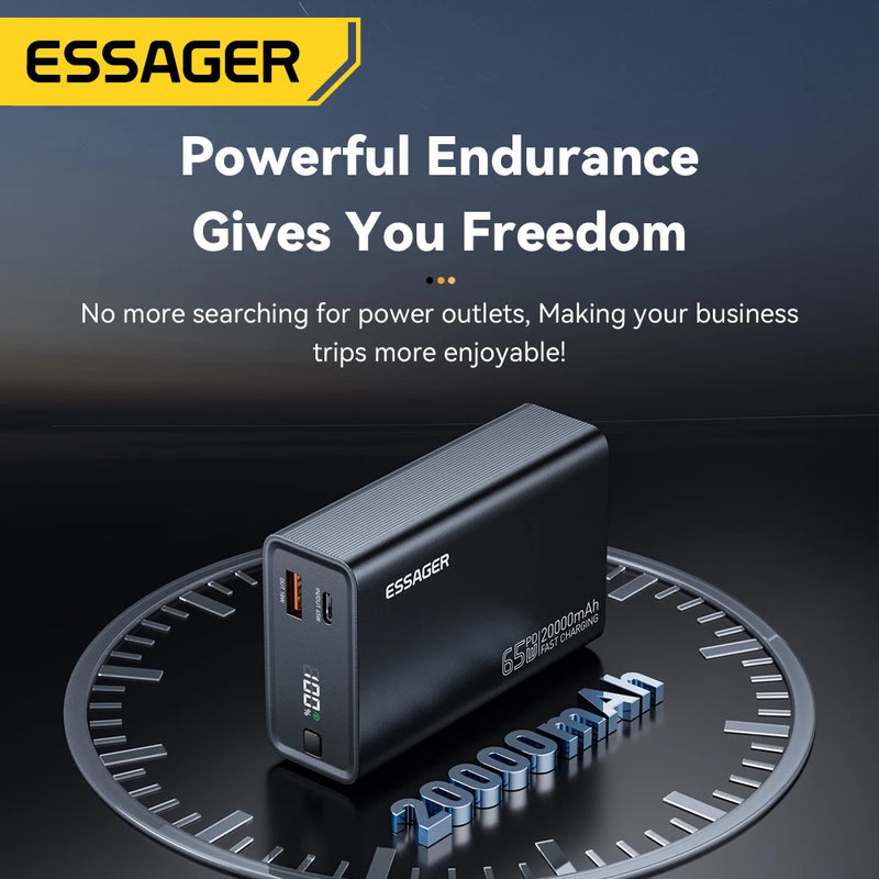 Essager Power Bank 20000mAh - Banco de Energia Portátil PD 65W Carregamento Rápido para Celular, Laptop, Tablet e Mac