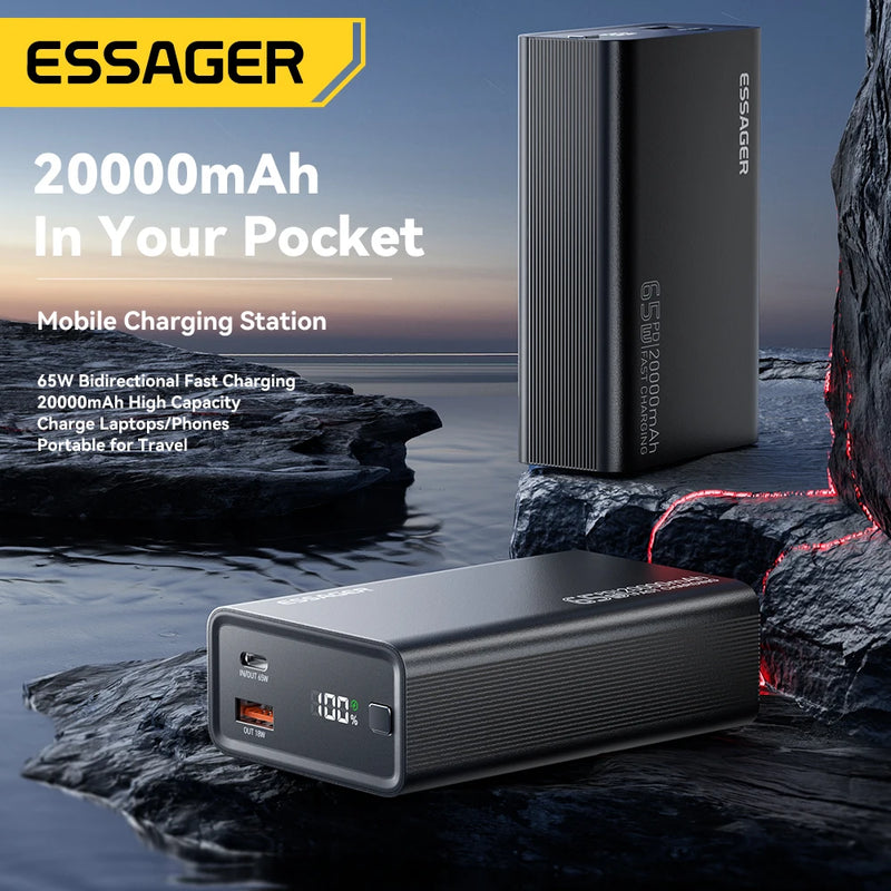 Essager Power Bank 20000mAh - Banco de Energia Portátil PD 65W Carregamento Rápido para Celular, Laptop, Tablet e Mac