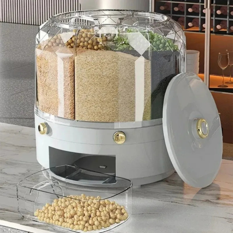 Dispenser de Arroz com Rotação de 360 Graus, Balde Selado para Grãos e Cereais Secos, Dispenser à Prova de Umidade, Caixa de Armazenamento para Alimentos de Cozinha